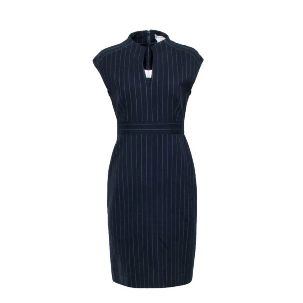 Max Mara Black Wool Pinstripe Sheath Dress Cap Sleeve Size 6 - Picture 2 of 14